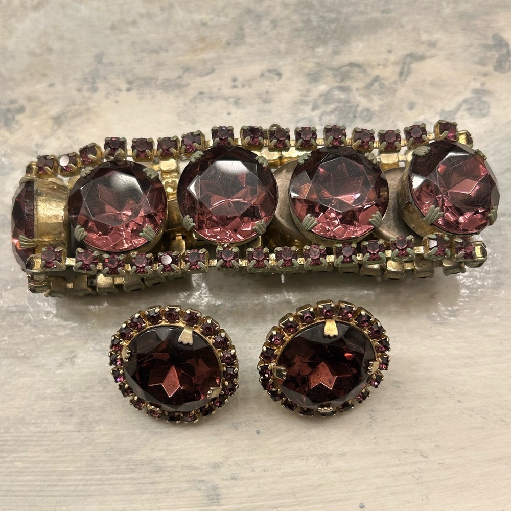 Vintage Rare Unsigned Large Purple Color Rhinestone Bracelet and Earrings